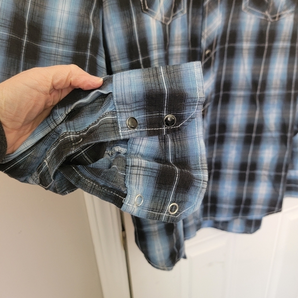 Supply Company USA Blue Plaid Affliction Style Black Pearl Snap Shirt Size L - Picture 4 of 12